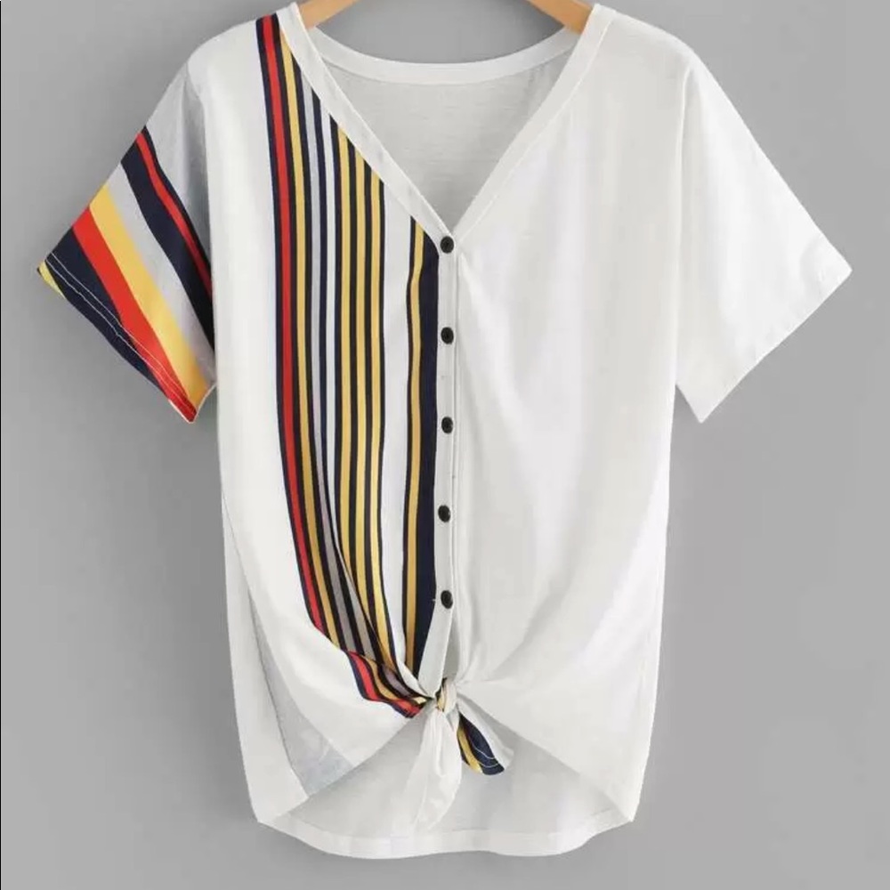 Plus Button through knot hem striped tee